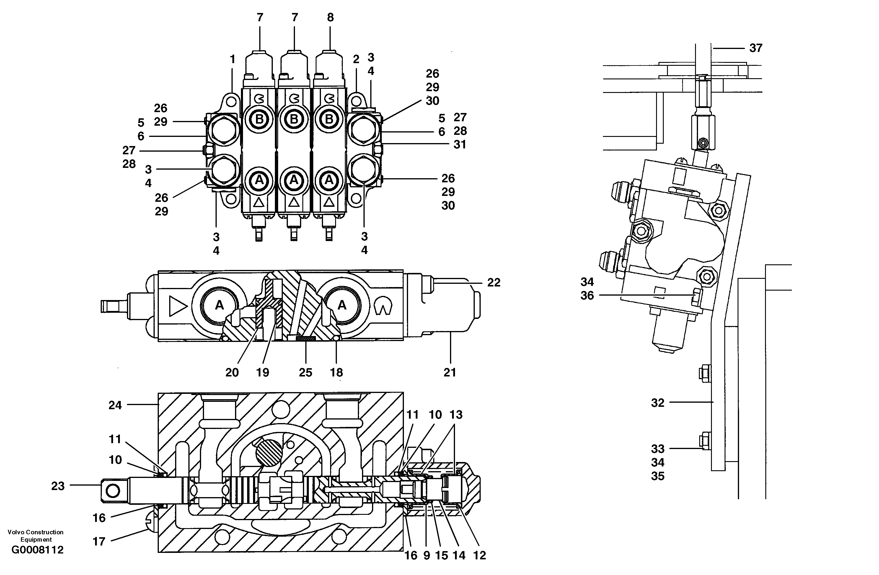 Схема запчастей Volvo G700 MODELS S/N 33000 - - 12845 Auxiliary manifold valve - 3 bank 