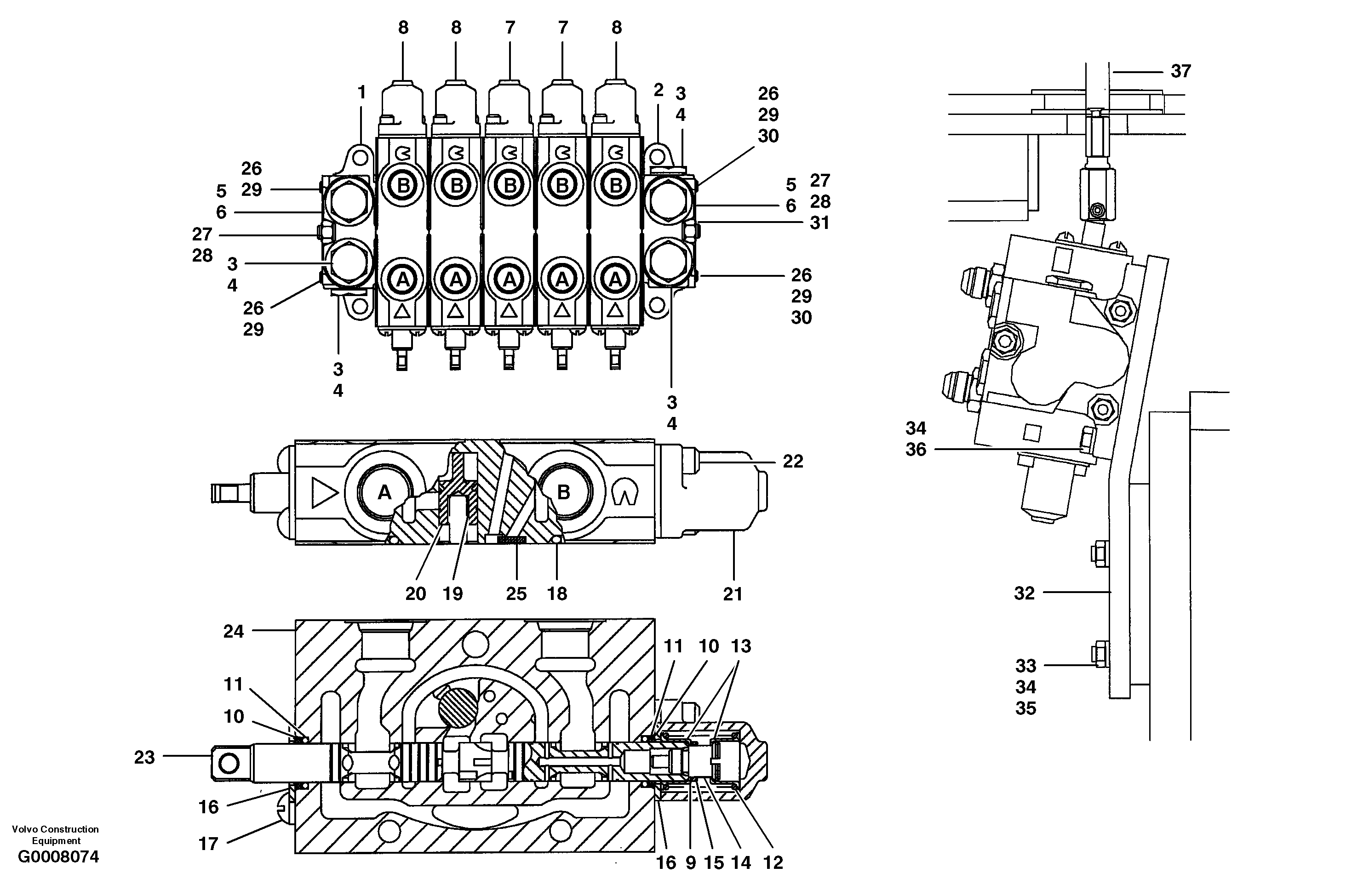 Схема запчастей Volvo G700 MODELS S/N 33000 - - 12846 Auxiliary manifold valve - 5 bank 