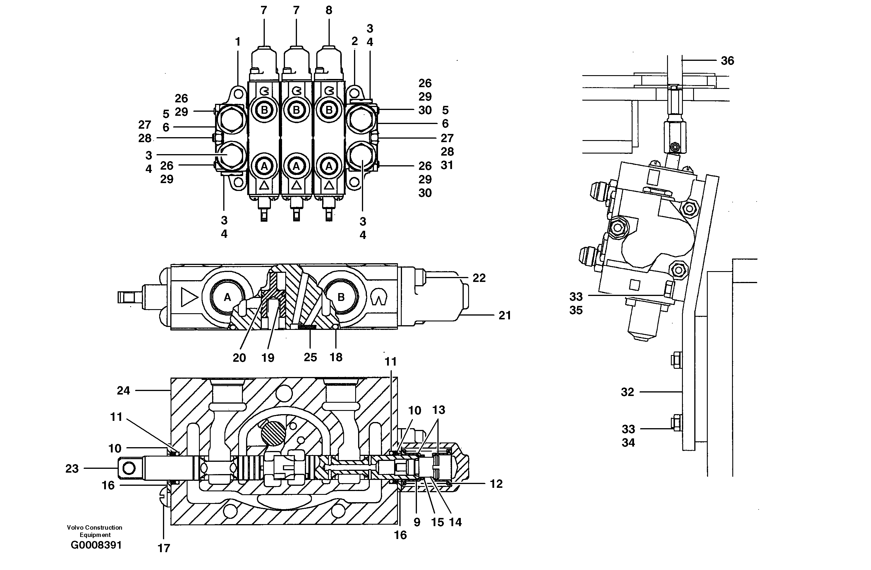 Схема запчастей Volvo G700B MODELS S/N 35000 - - 9838 Auxiliary manifold valve - 3 bank 