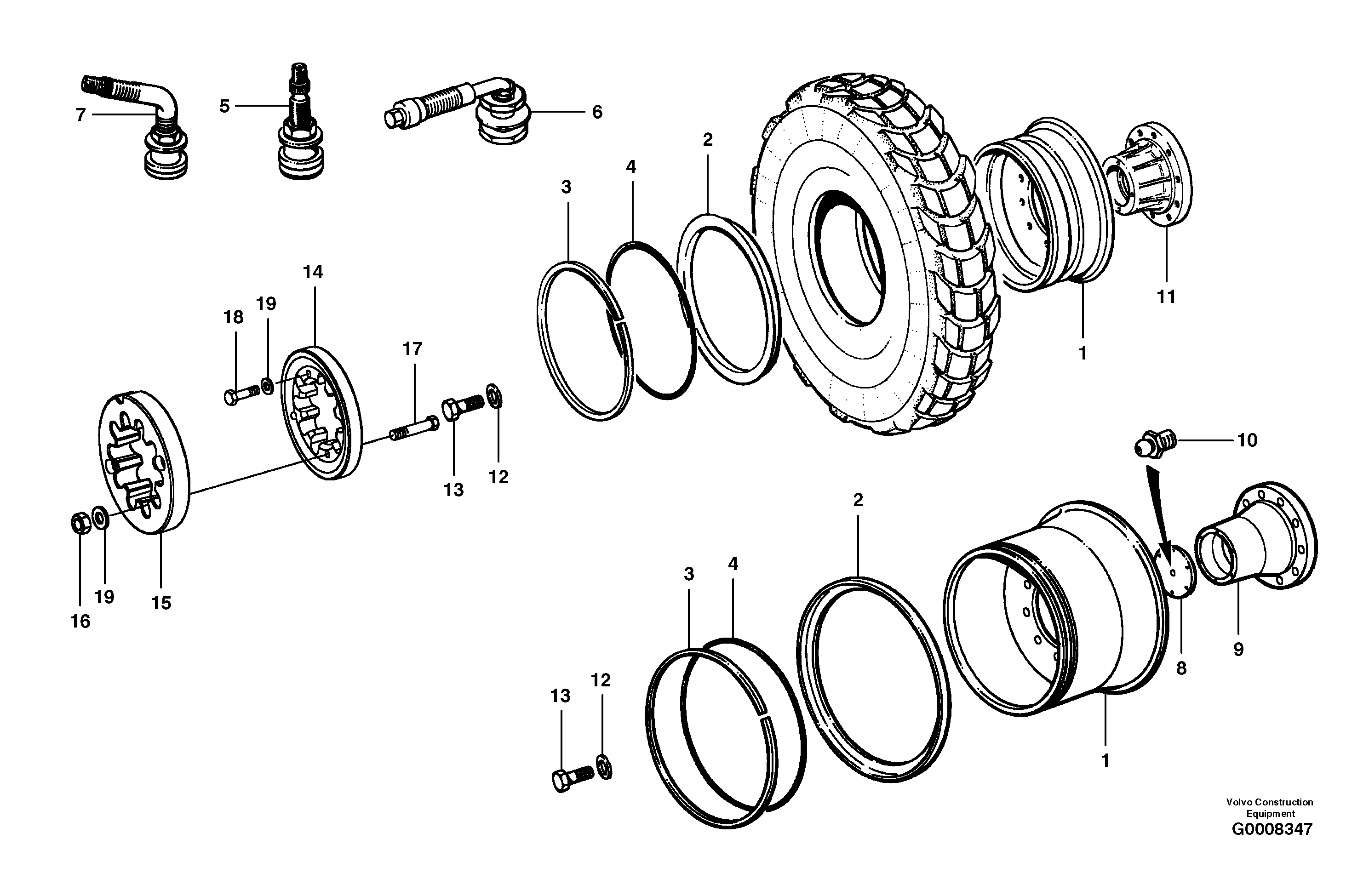 Схема запчастей Volvo G700B MODELS S/N 35000 - - 58106 Wheels and rims 