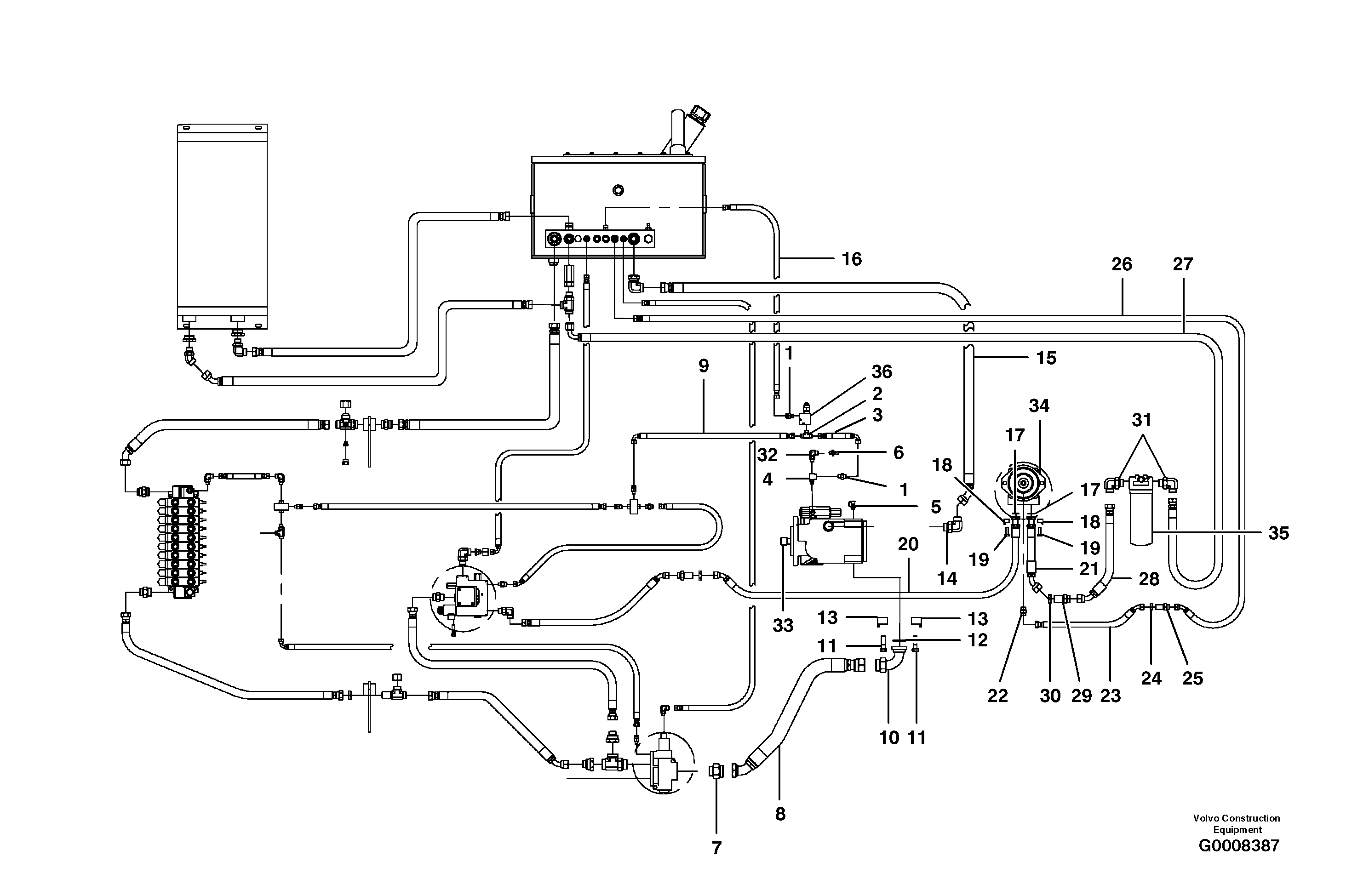 Схема запчастей Volvo G700B MODELS S/N 35000 - - 38600 Main Hydraulic circuit - rear 